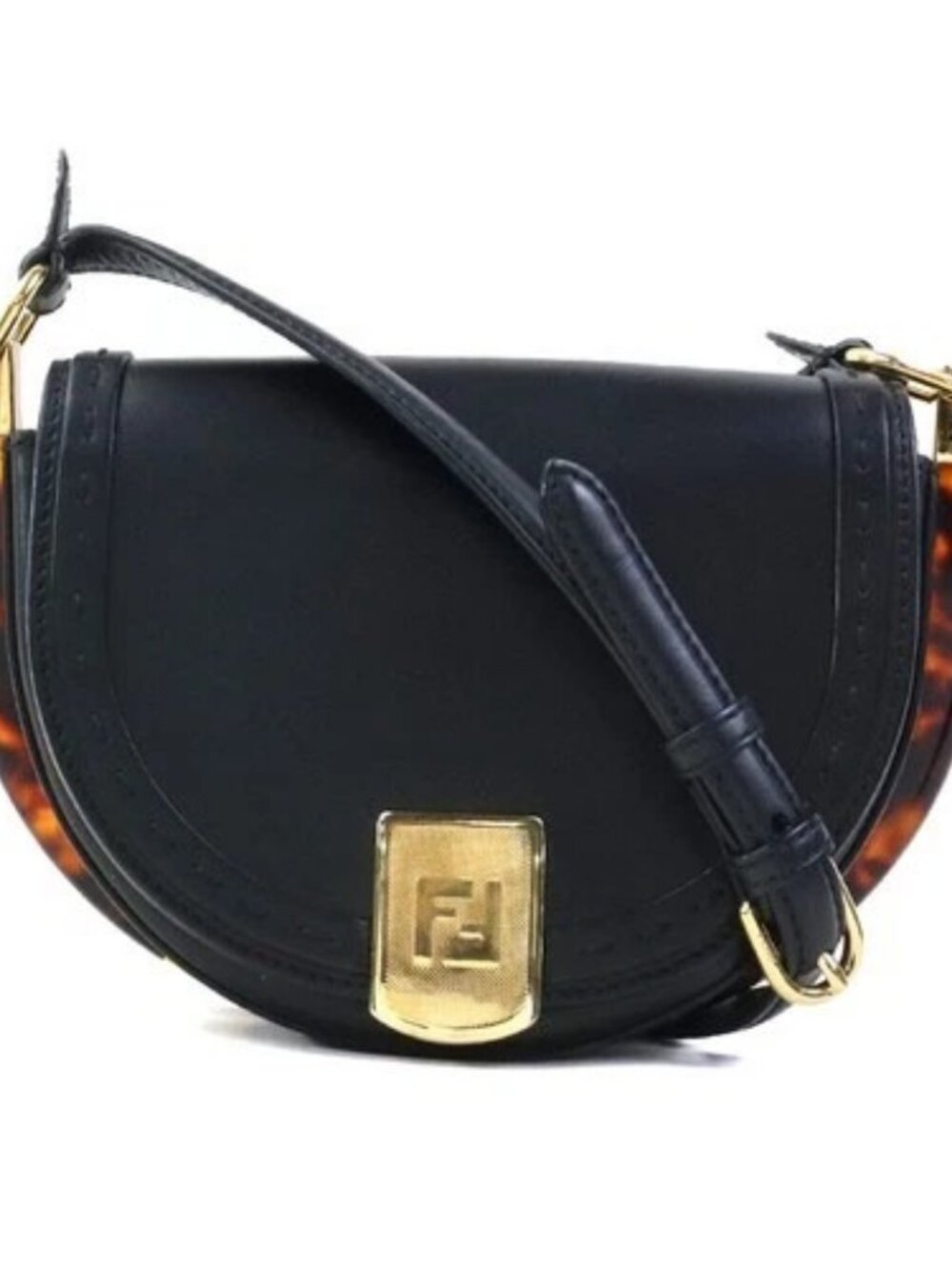 Auth FENDI Moonlight Shoulder Bag Black/Brown Leather/Goldtone - e62041a